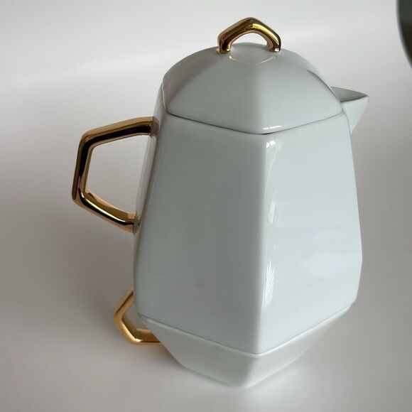 CB2 White Hexagonal Stacking Teapot Cup Gold Trim Tea For One - Picture 2 of 11